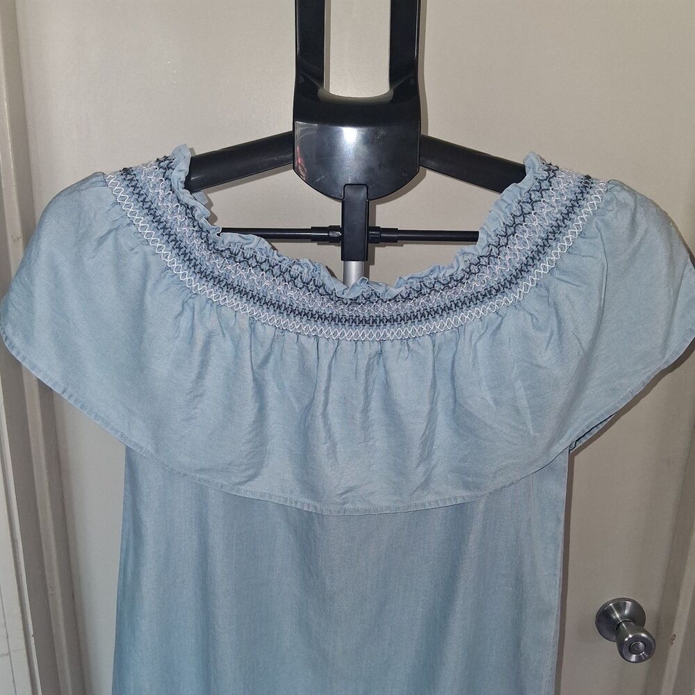 Cache Cache Blue Chambray Off Shoulder Smocked Ruffle Mini Shift Dress Euro 36/4 - Picture 8 of 11